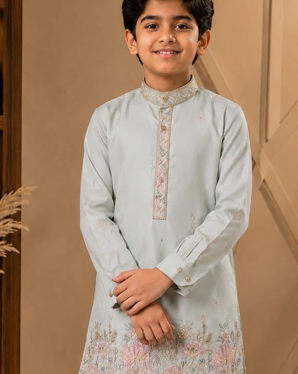 Ice blue boys kurta collar and embroidery detail