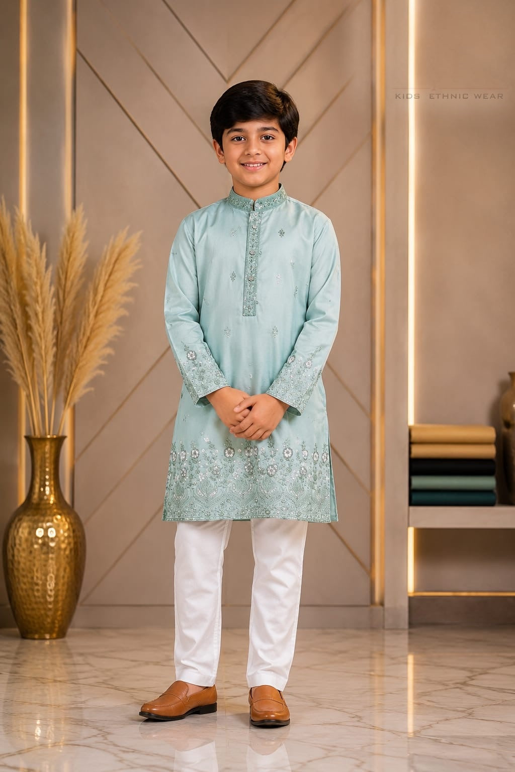 Boys embroidered kurta set in mint green with white trousers