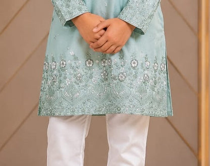Mint green boys kurta embroidered hem detail