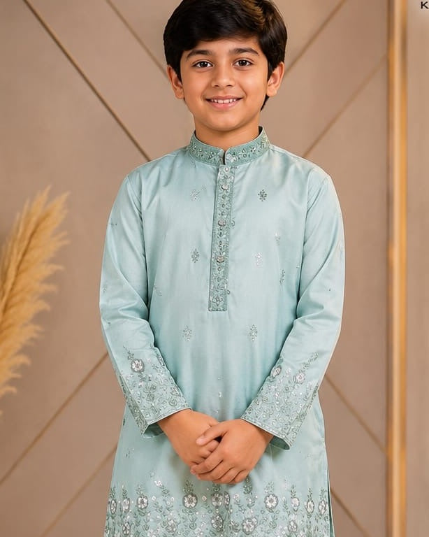 Mint green boys kurta collar and embroidery detail