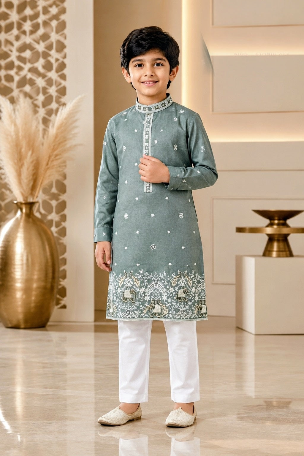 Boys embroidered kurta set in sage green with white trousers