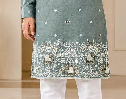 Sage green boys kurta embroidered hem detail