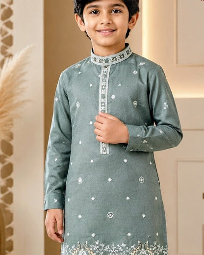 Sage green boys kurta collar and embroidery detail