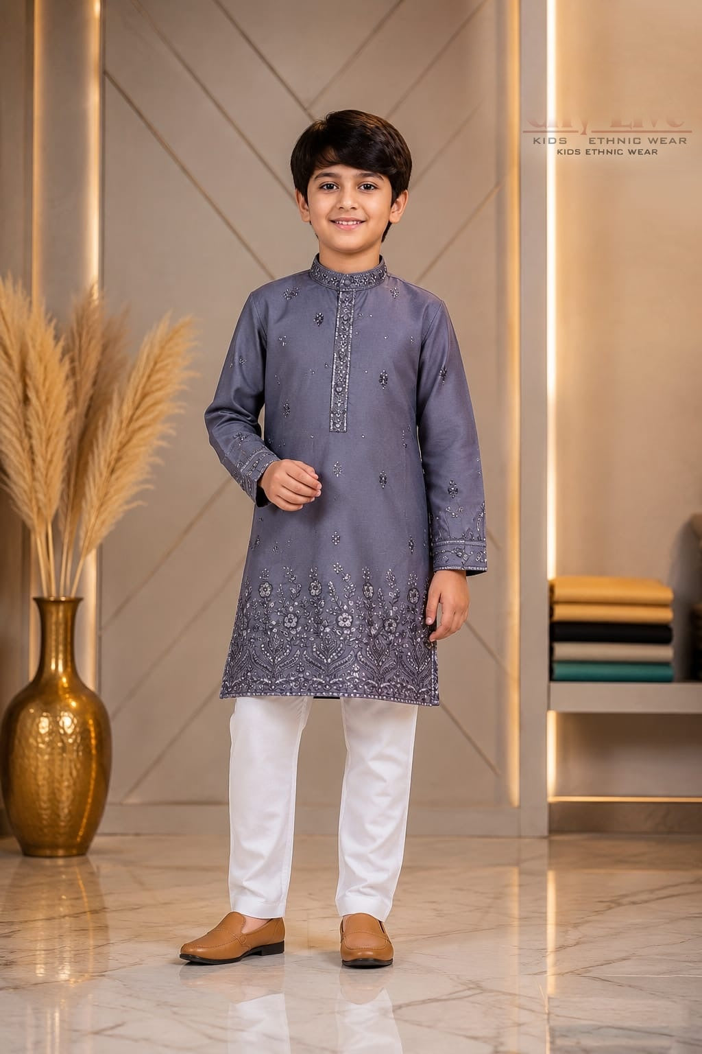Boys embroidered kurta set in slate grey with white trousers