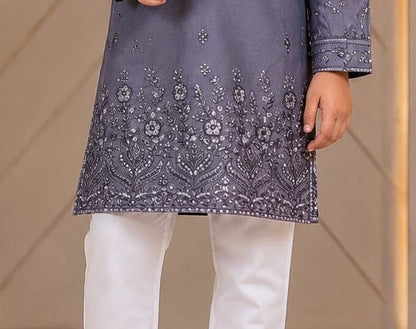 Slate grey boys kurta embroidered hem detail