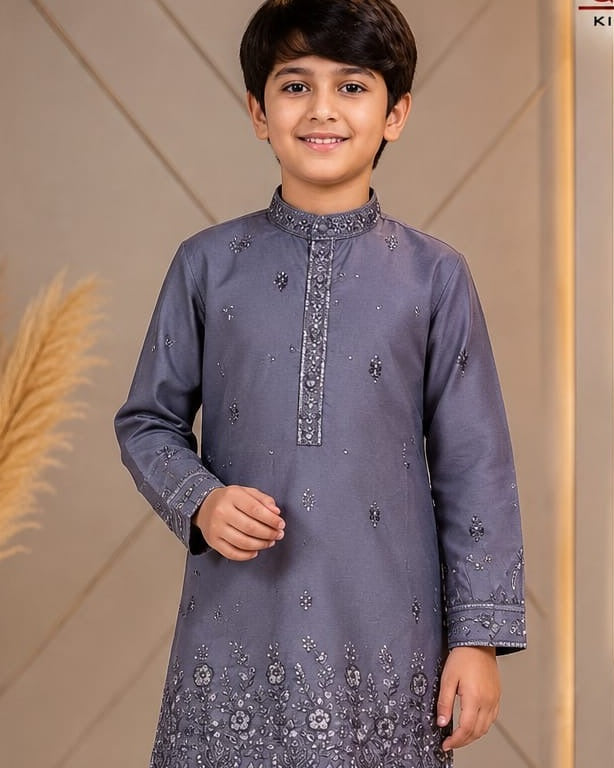 Slate grey boys kurta collar and embroidery detail