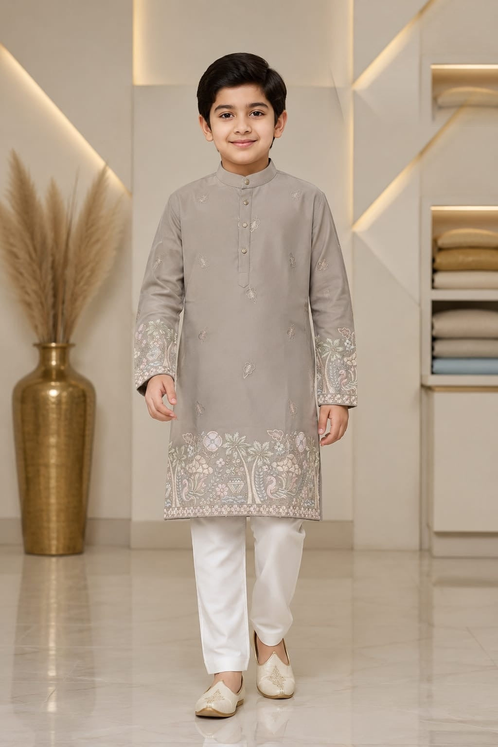 Boys embroidered kurta set in stone grey with white trousers