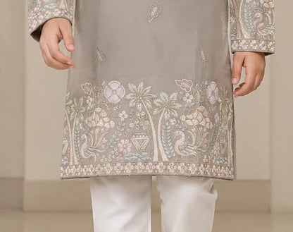 Stone grey boys kurta embroidered hem detail