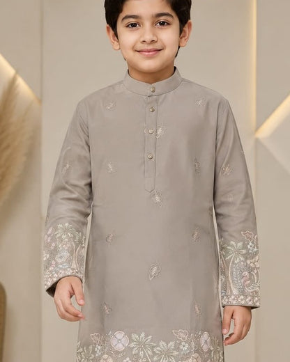 Stone grey boys kurta collar and embroidery detail
