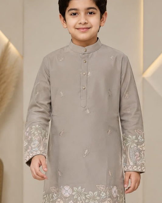 Stone grey boys kurta collar and embroidery detail