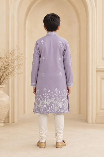 Boys Lavender Crane Embroidered kurta set rear view