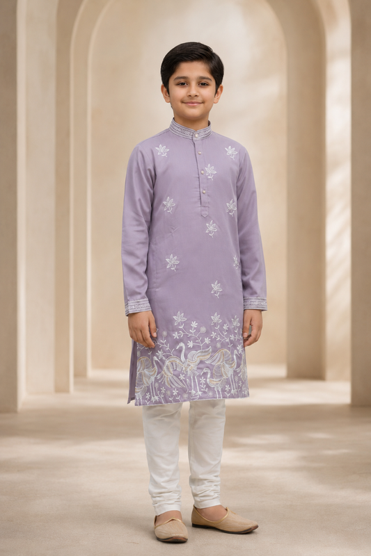 Boys Lavender Crane Embroidered kurta set front view