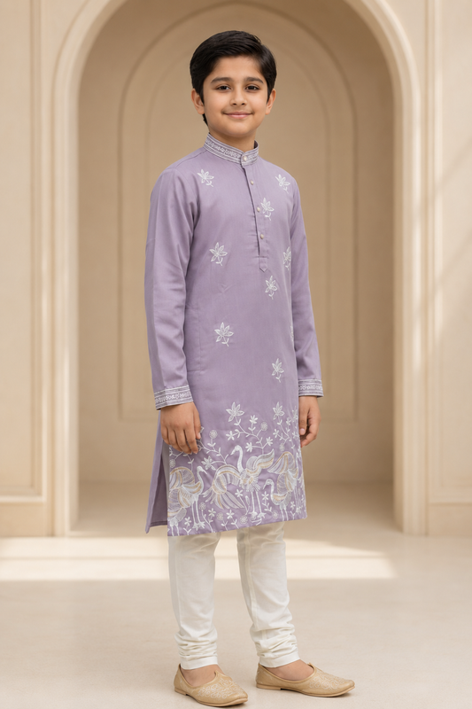 Boys Lavender Crane Embroidered kurta set side view