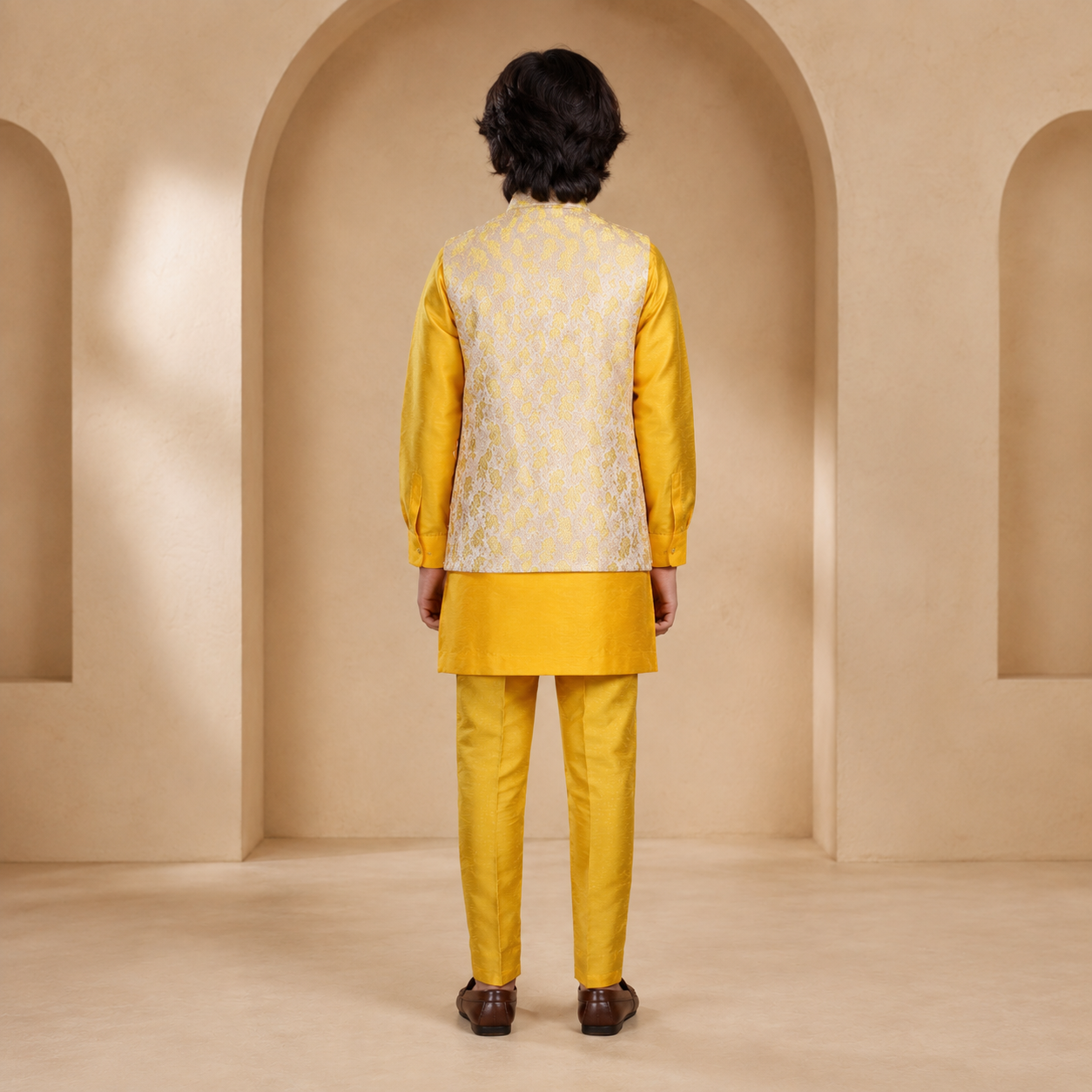 Boys Diamond-Cut Nehru Jacket Kurta Set in Bright Yellow - back view