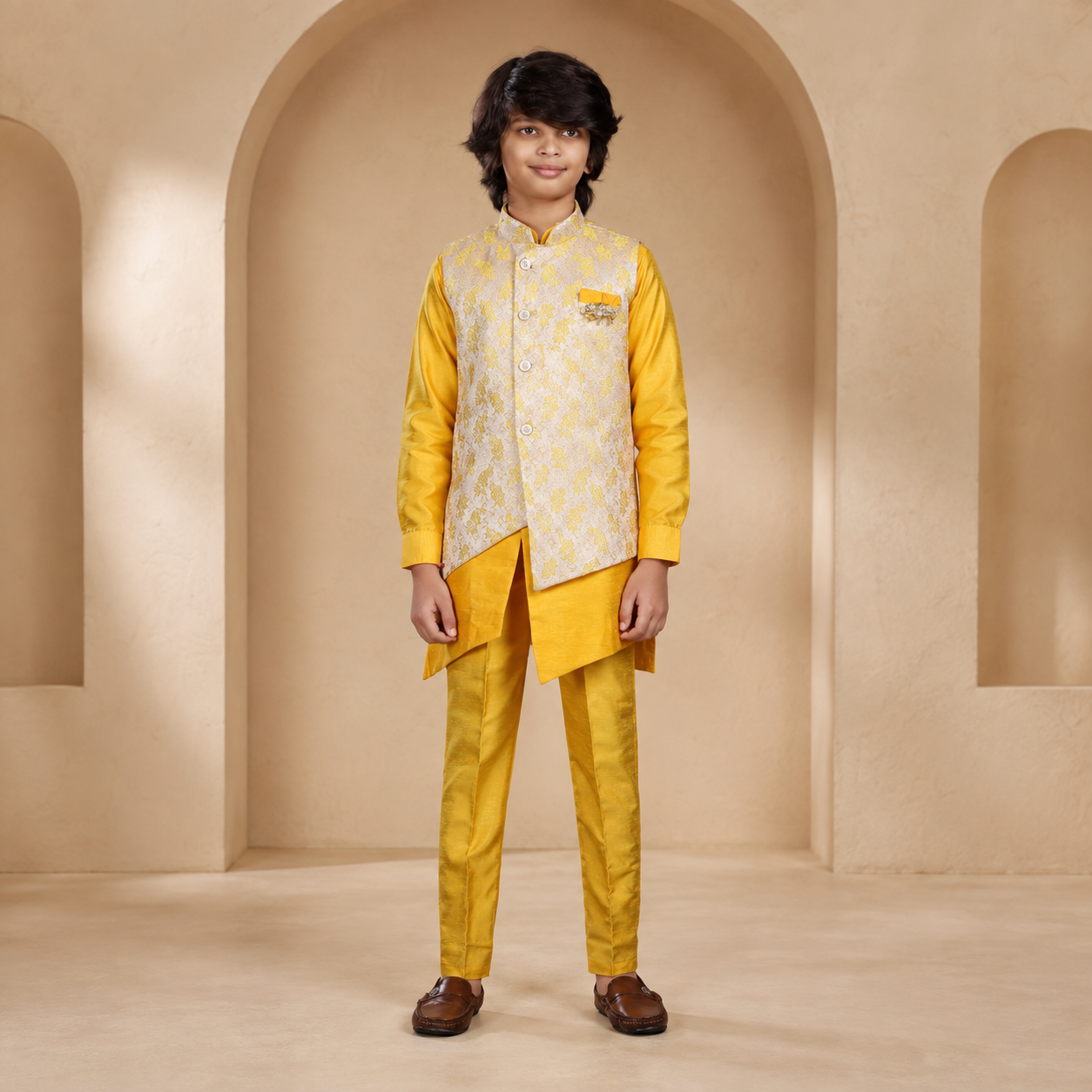Boys Diamond-Cut Nehru Jacket Kurta Set in Bright Yellow - front view