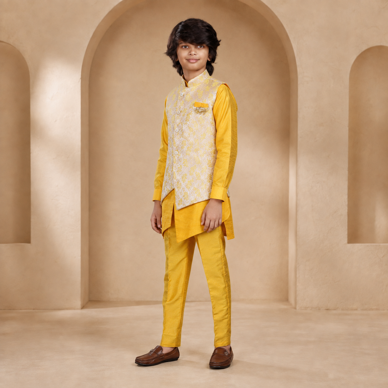 Boys Diamond-Cut Nehru Jacket Kurta Set in Bright Yellow - side view