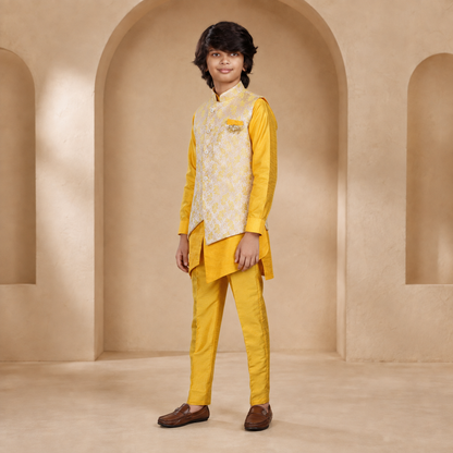 Boys Diamond-Cut Nehru Jacket Kurta Set in Bright Yellow - side view