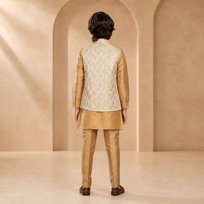 Boys Diamond-Cut Nehru Jacket Kurta Set in Exotic Gold - back view