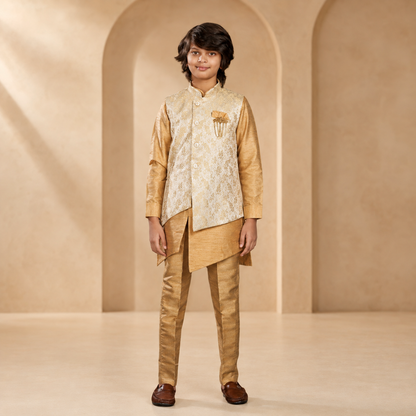 Boys Diamond-Cut Nehru Jacket Kurta Set in Exotic Gold - front view