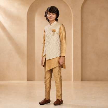 Boys Diamond-Cut Nehru Jacket Kurta Set in Exotic Gold - side view