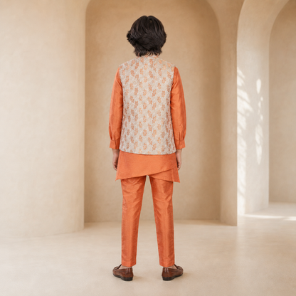 Boys Diamond-Cut Nehru Jacket Kurta Set in Light Orange - back view