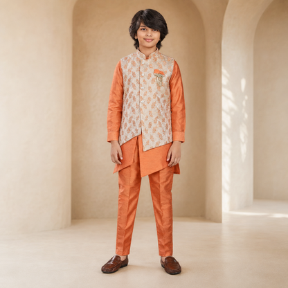 Boys Diamond-Cut Nehru Jacket Kurta Set in Light Orange - front view