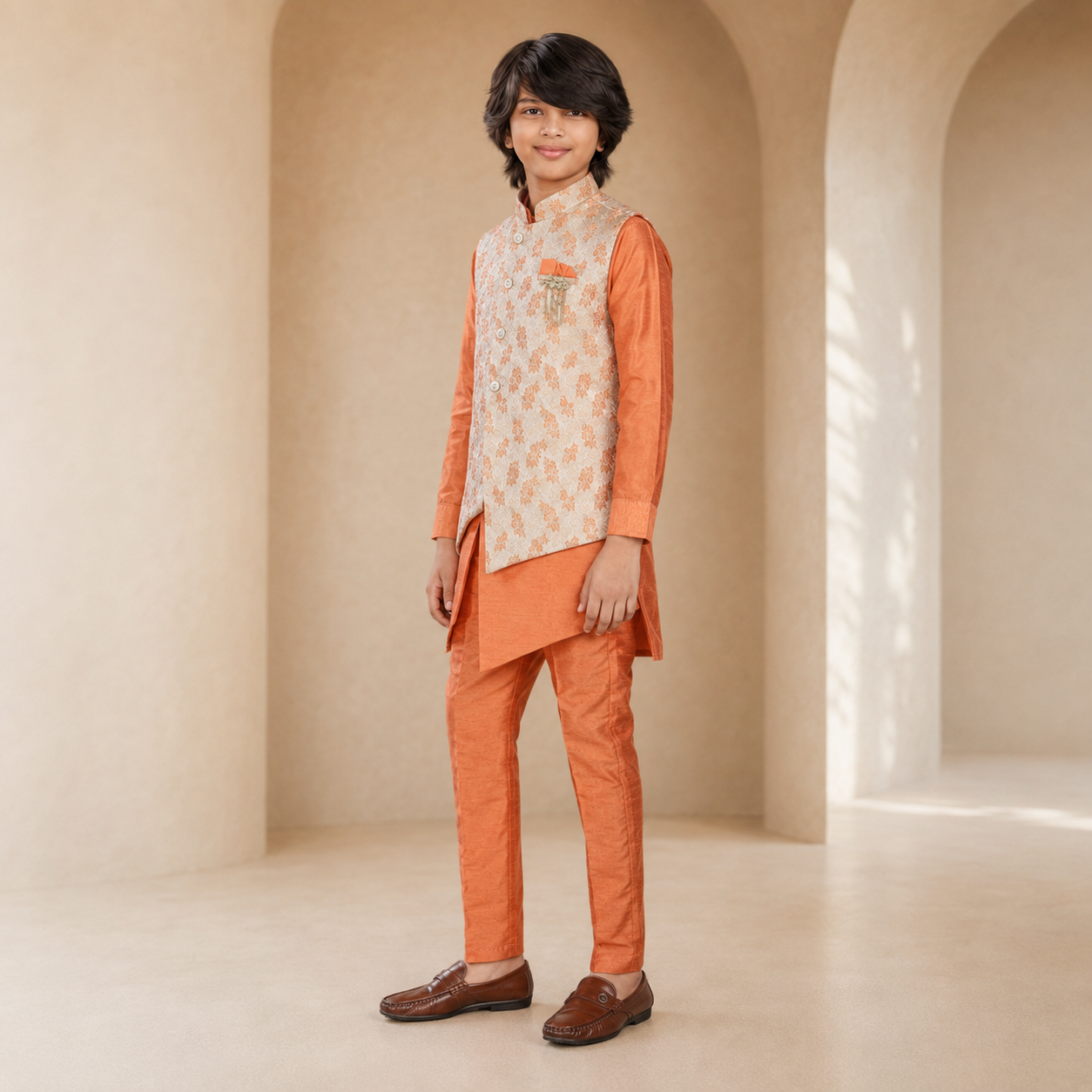 Boys Diamond-Cut Nehru Jacket Kurta Set in Light Orange - side view