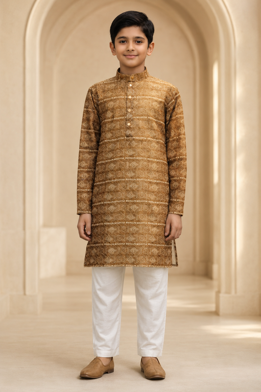 Boys Olive Gold woven print kurta set front view