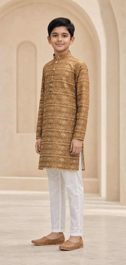 Boys Olive Gold woven print kurta set side view