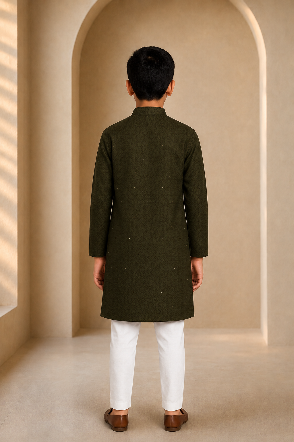 Boys Olive Green elegance kurta pajama set – back view
