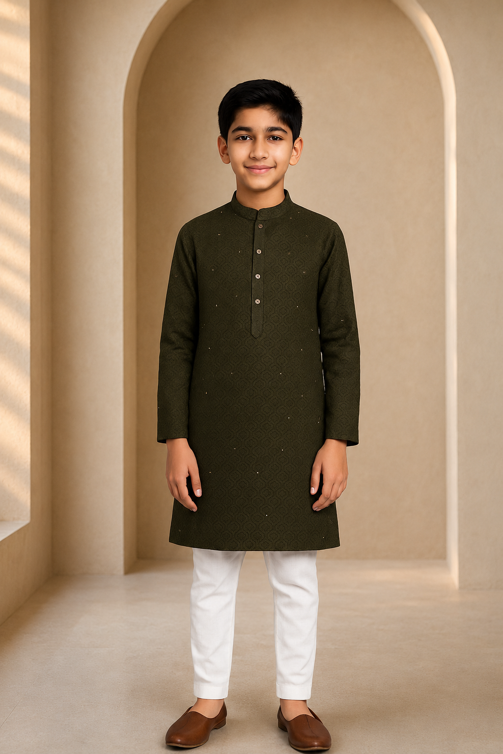 Boys Olive Green elegance kurta pajama set – front view