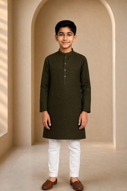 Boys Olive Green elegance kurta pajama set – front view
