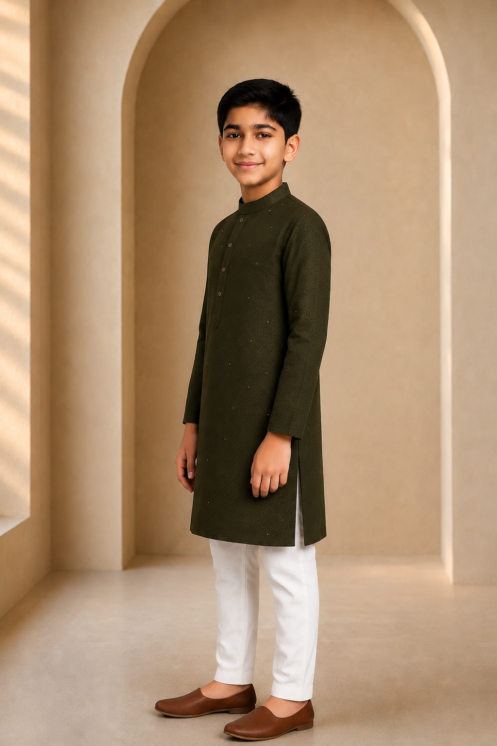 Boys Olive Green elegance kurta pajama set – side view