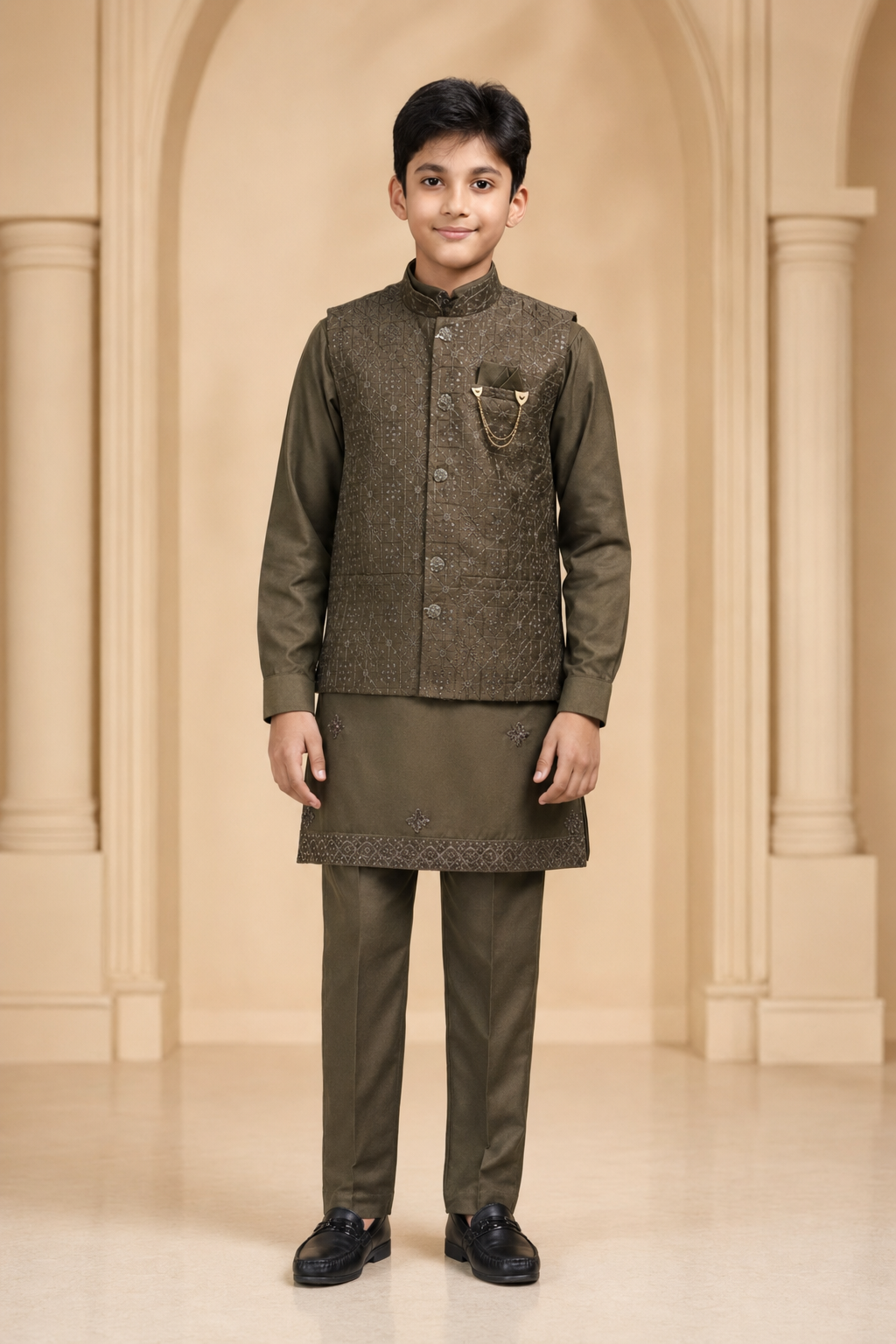 Boys Olive Green Embroidered Waistcoat kurta set front view