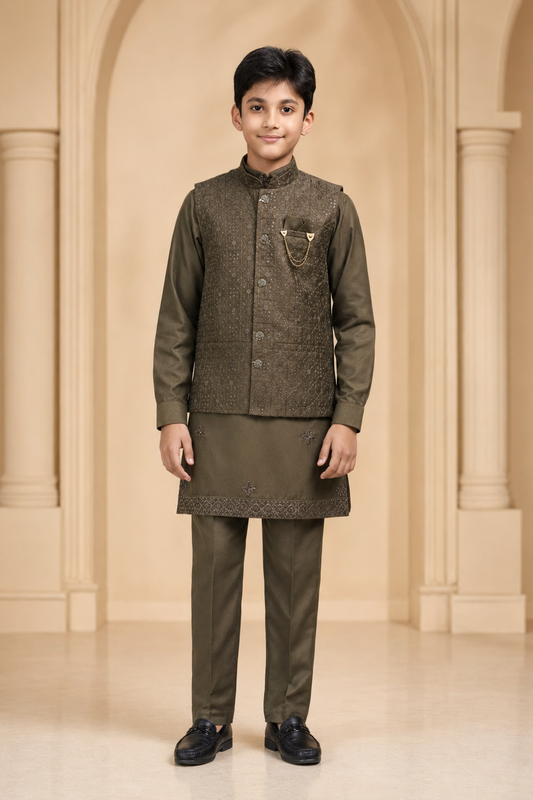 Boys Olive Green Embroidered Waistcoat kurta set front view