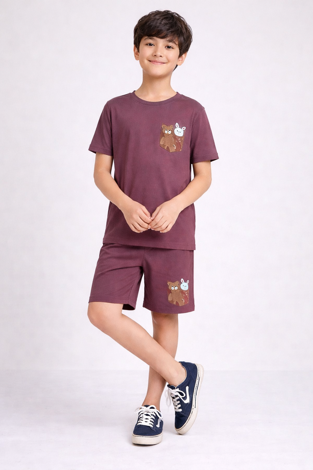 Boys orchid mauve character motif short night suit front view