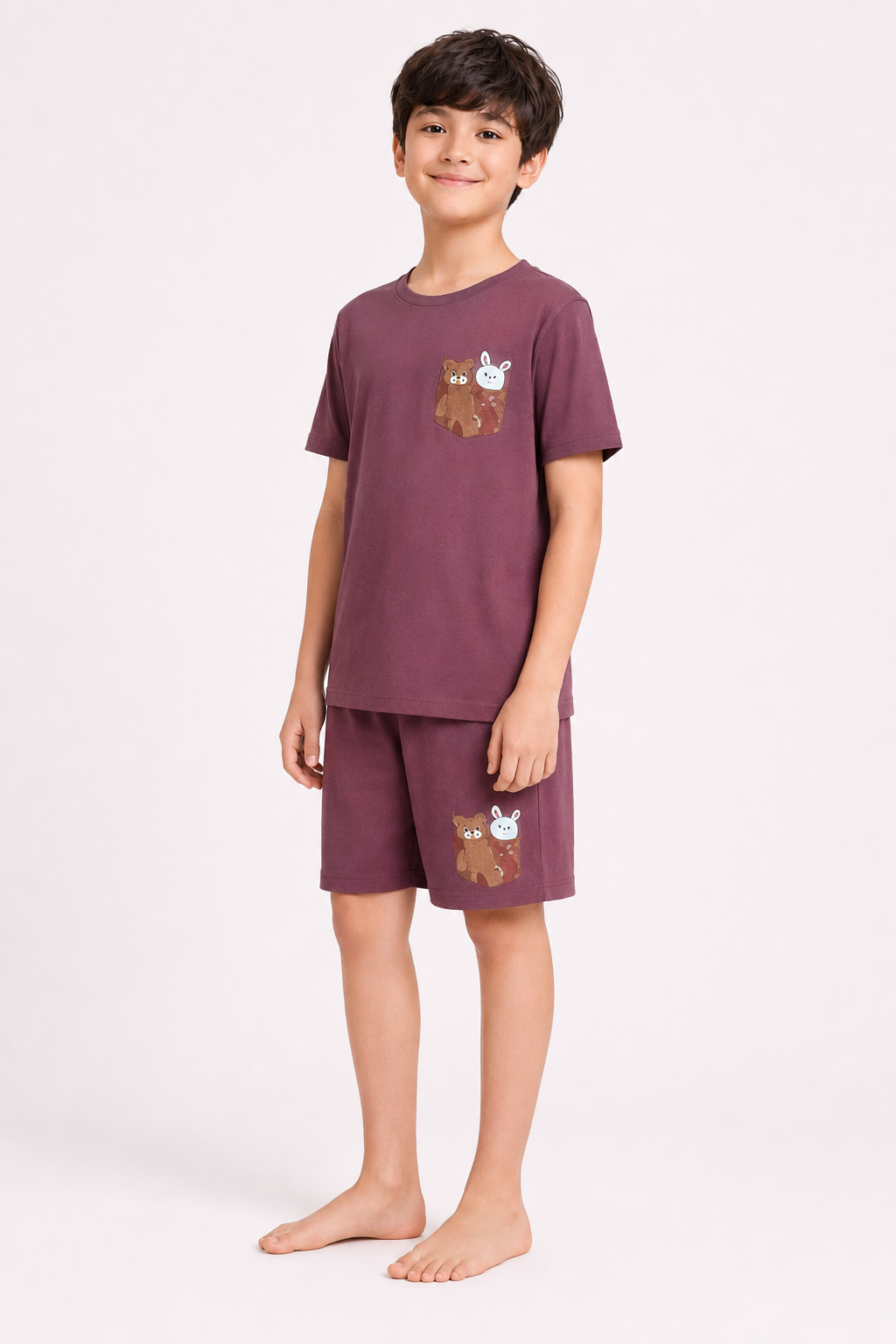 Boys orchid mauve character motif short night suit side view