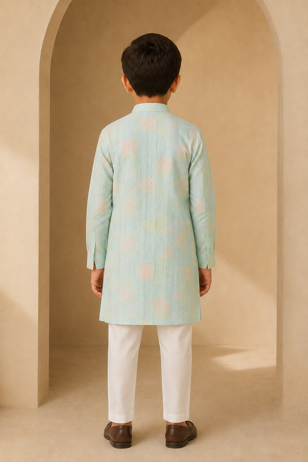 Boys Pastel Green cotton silk kurta pant set – back view