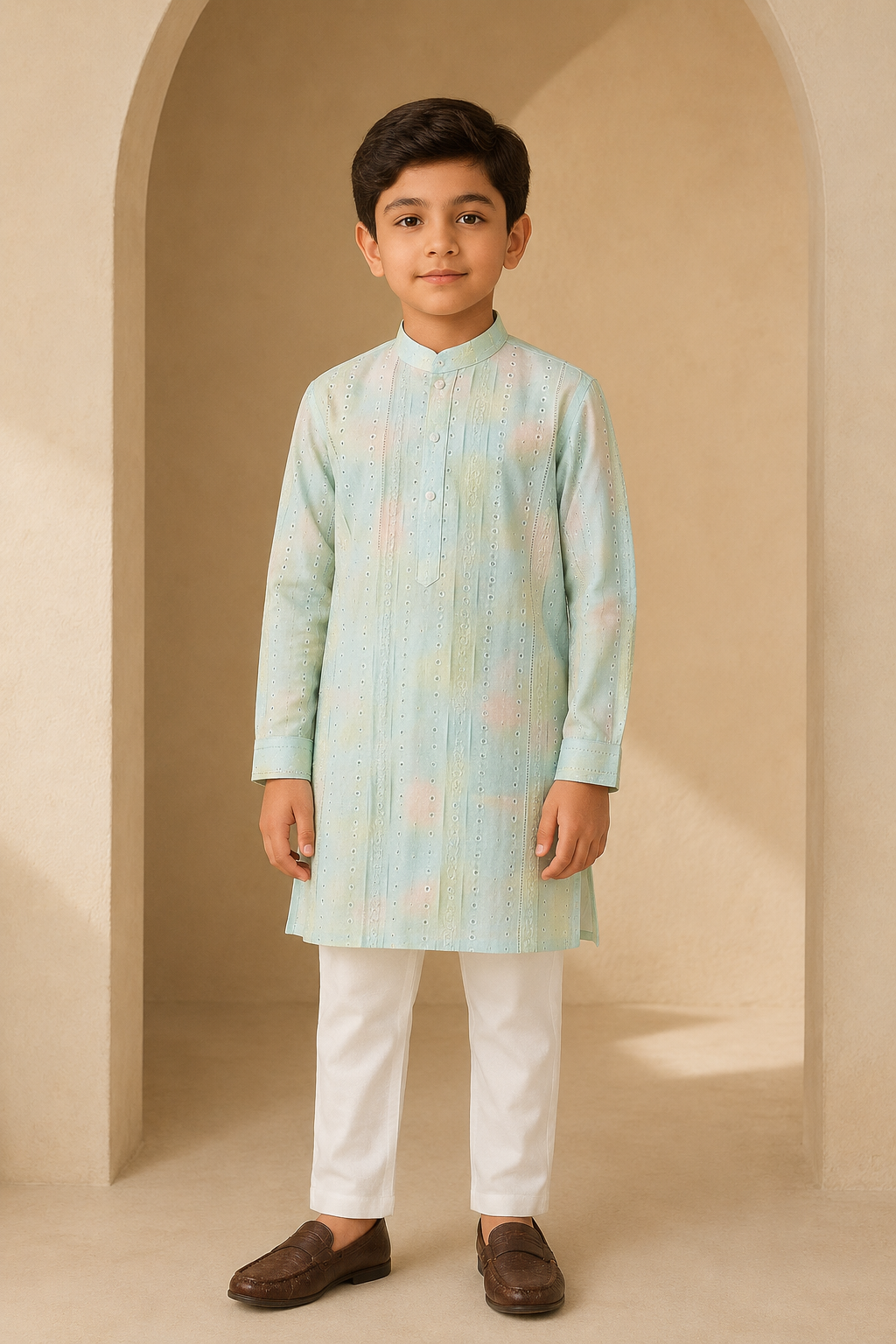Boys Pastel Green cotton silk kurta pant set – front view