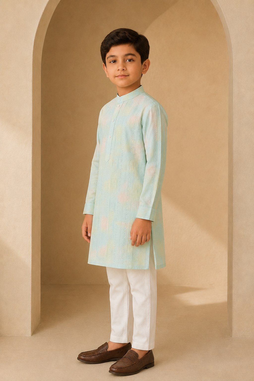Boys Pastel Green cotton silk kurta pant set – side view