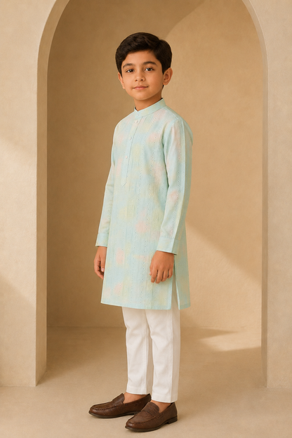 Boys Pastel Green cotton silk kurta pant set – side view