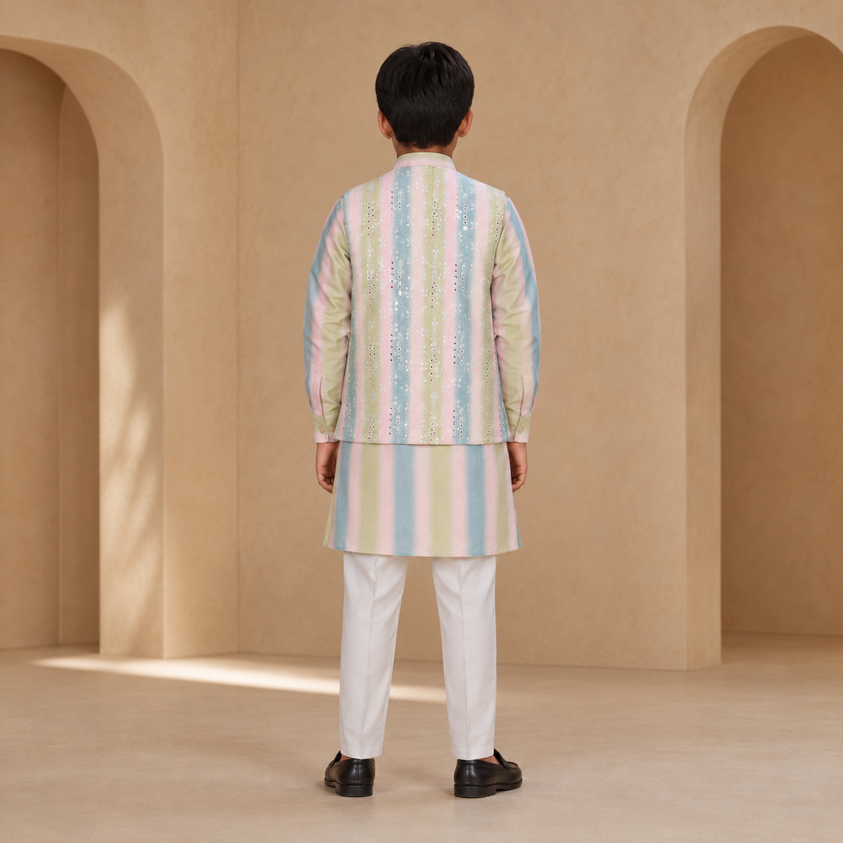 Boys Pastel Multi Kurta Set with Jacket - back view