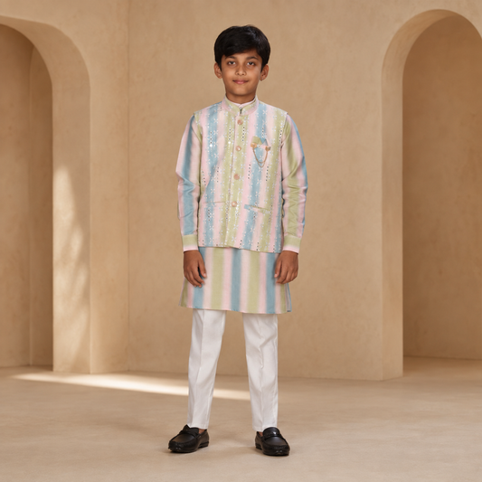 Boys Pastel Multi Kurta Set with Jacket - front view