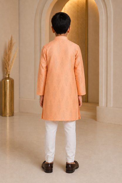 Boys peach elegance silk kurta pajama set – back view