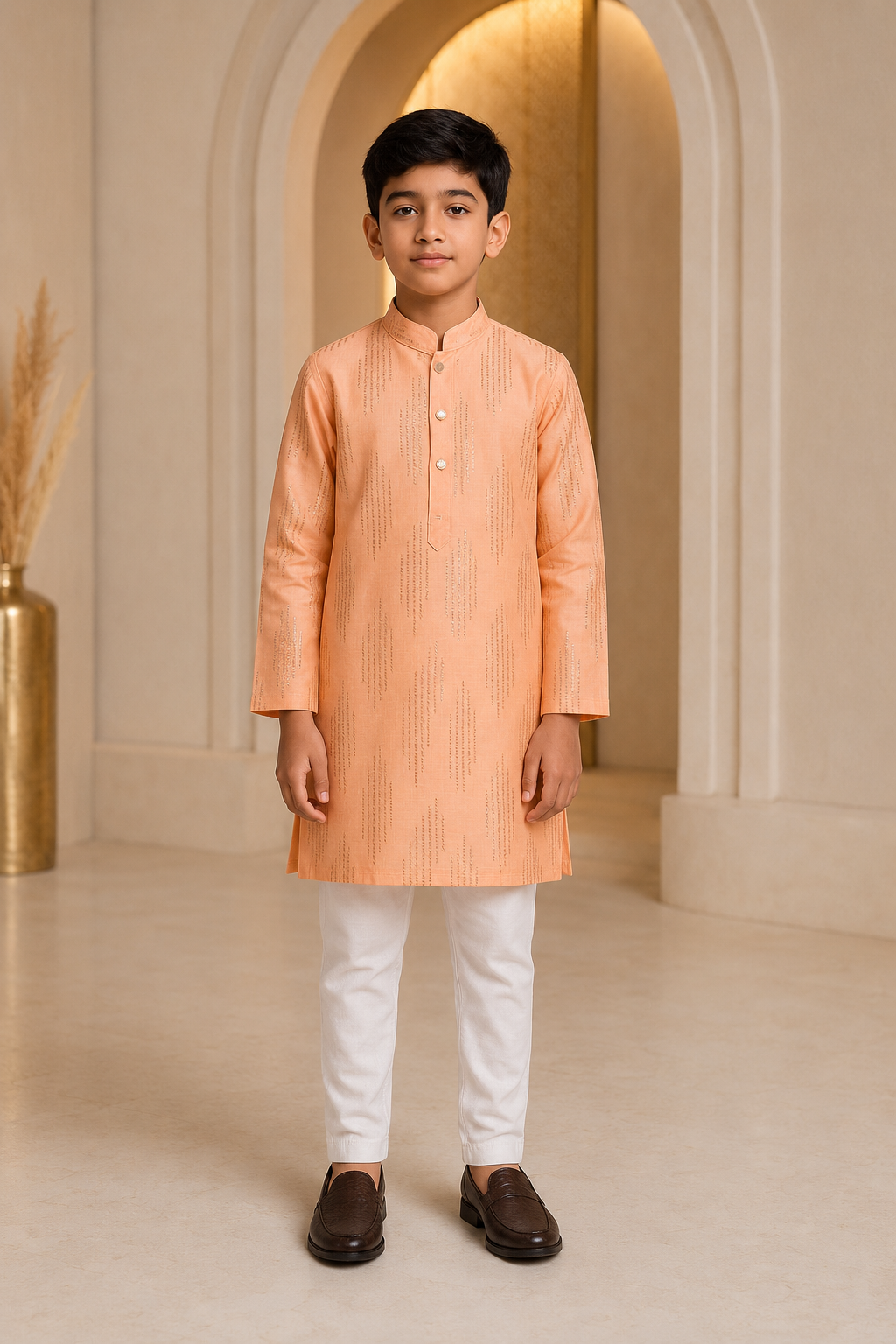 Boys peach elegance silk kurta pajama set – front view