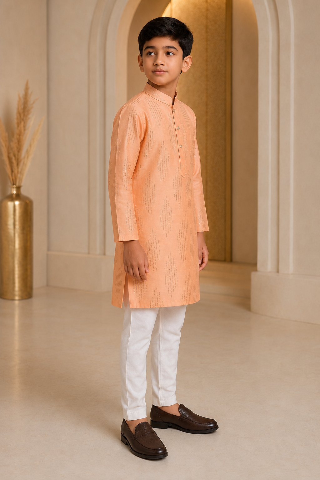 Boys peach elegance silk kurta pajama set – side view