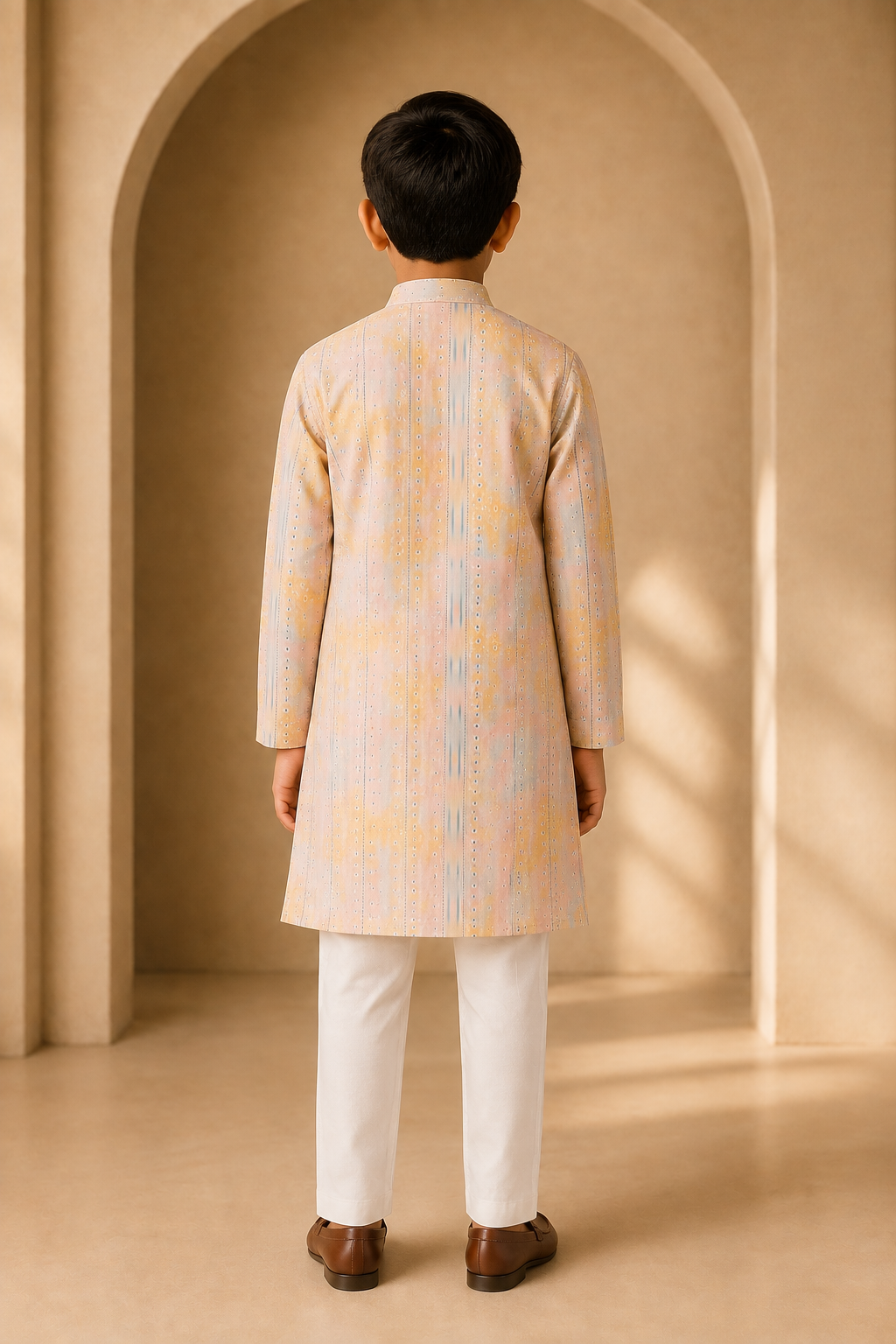 Boys Peach Yellow cotton silk kurta pant set – back view