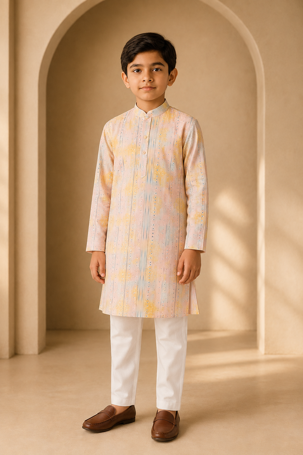 Boys Peach Yellow cotton silk kurta pant set – front view