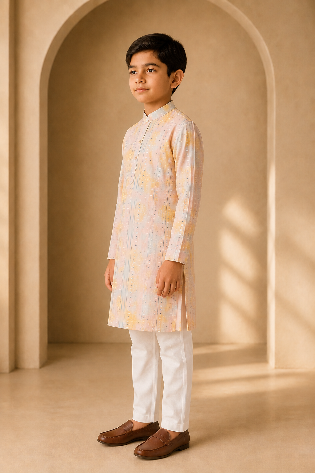 Boys Peach Yellow cotton silk kurta pant set – side view