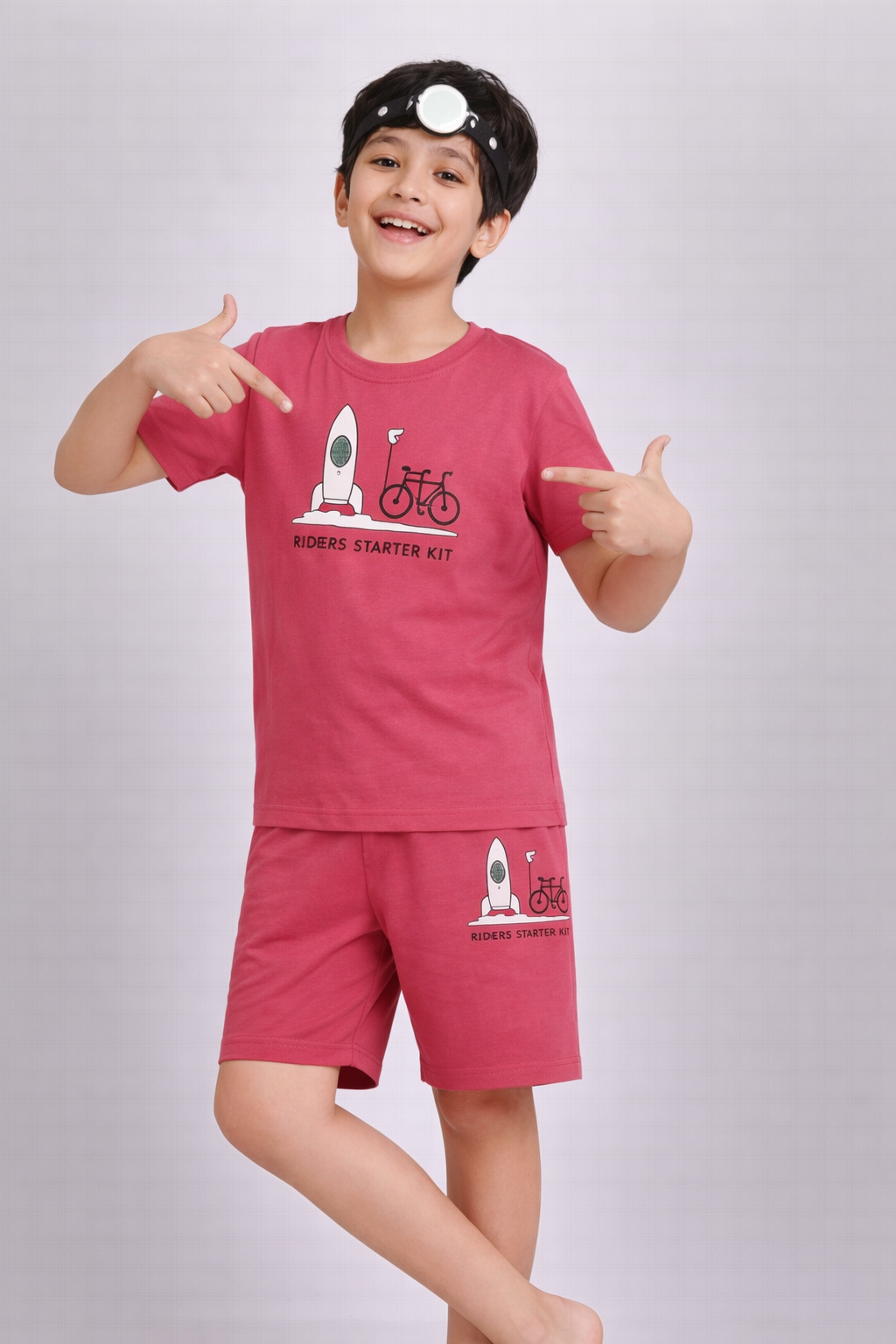 Boys rose pink rocket and bicycle short night suit front view